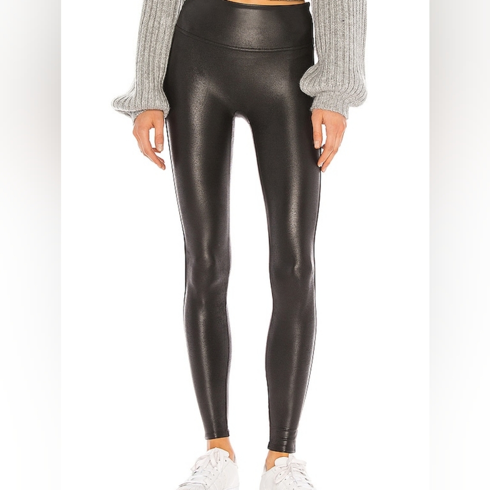 SPANX black faux leather shiny legging pant shapewear control waist Large - Picture 2 of 11